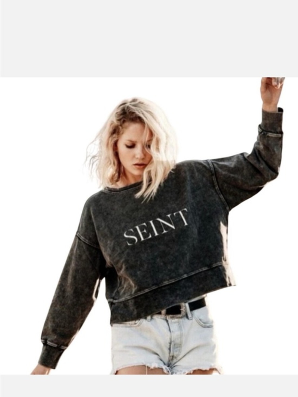 Seint crewneck cotton oversized stone acid washed blk gray sweatshirt M